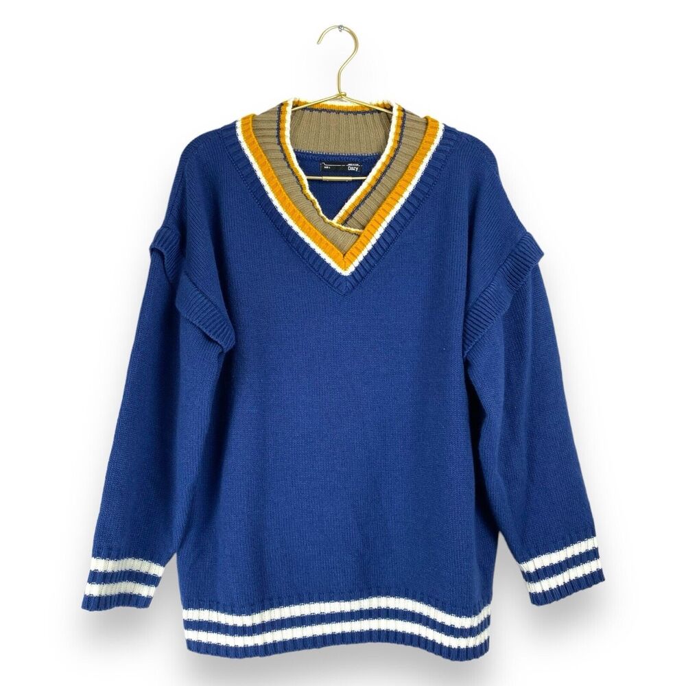 Dazy Blue Varsity V Neck Sweater Womens L Oversized Preppy Tennis‎ 511